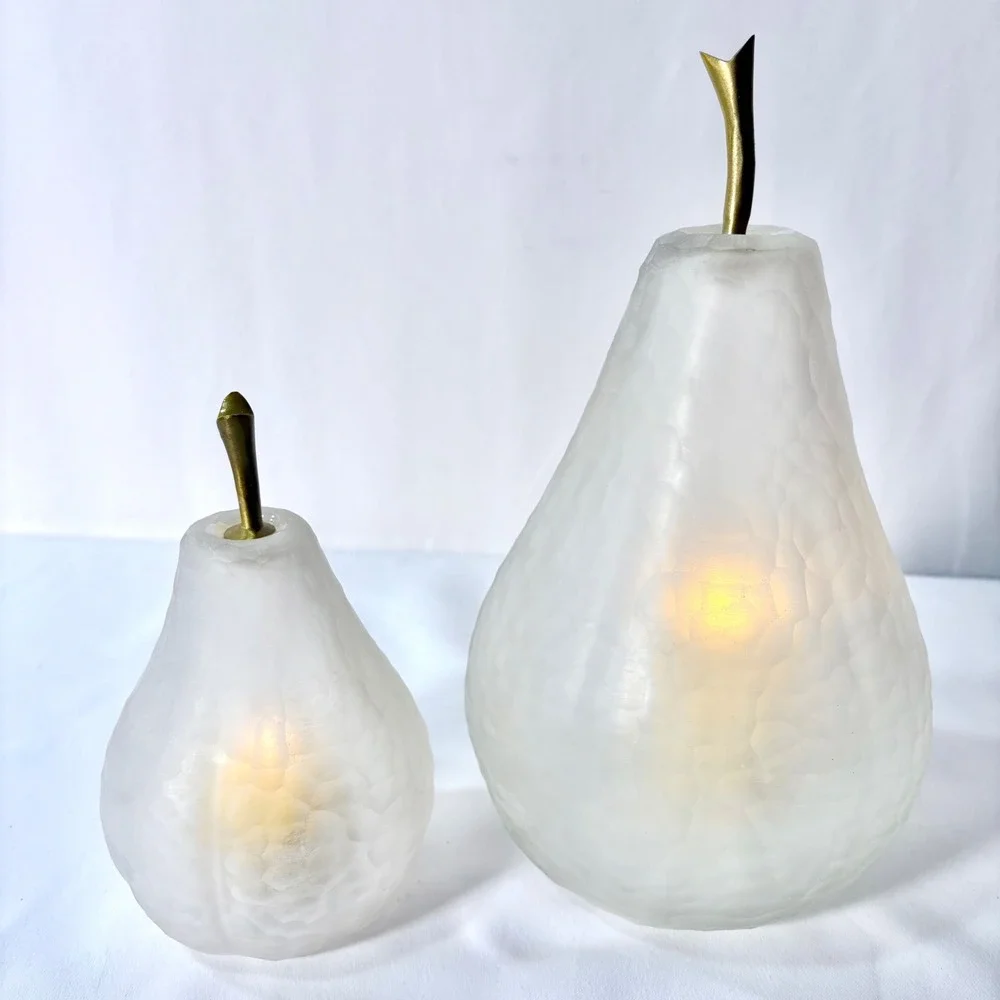 Currey and Company Pear Set Frosted Glass Brass Stems Decorative Sculptures 2pc